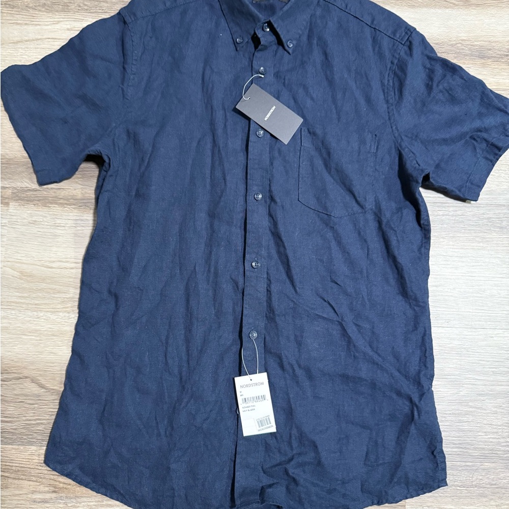 Nordstrom navy Blue Casual Button Down Shirt trim 100%linen